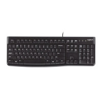 Logitech K120 Wired Keyboard Quiet typing Spill-resistant Durable keys Thin profile Curved space bar Adjustable tilt legs