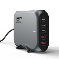 USP 188W GaN 5 Ports USB-C PD Laptop Wall Charger Black - 3x USB-C, 2x USB-A, Efficiently, High Quality, Tablet, Laptop, iPhone, 5 Years Warranty